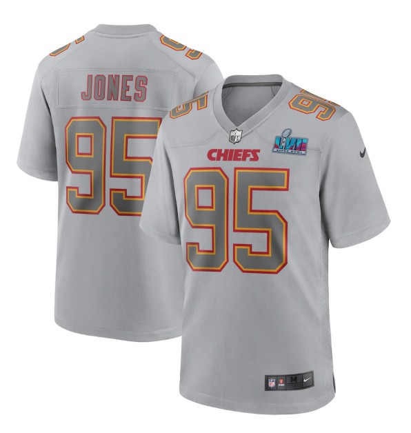 Men's Kansas City Chiefs #95 Chris Jones Gray Super Bowl LVII Patch Atmosphere Fashion Stitched Game Jersey